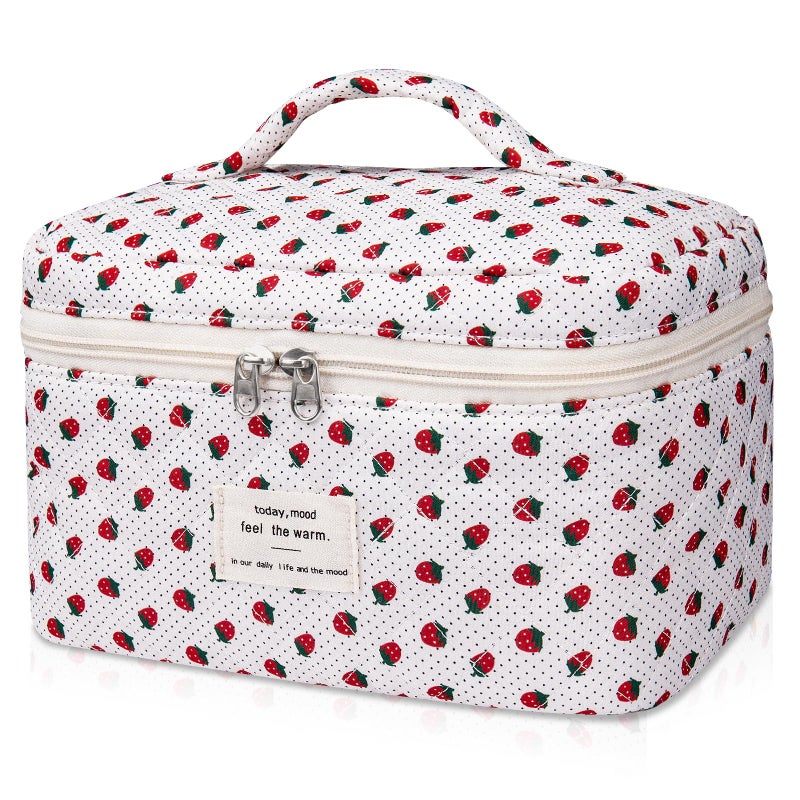 Gosect Large Makeup Bag, Cute Cosmetic Bag for Women Girls, Floral Coquette Aesthetic Toiletry Bag, Travel Make Up Organizer Bag (Strawberry) - Image 1