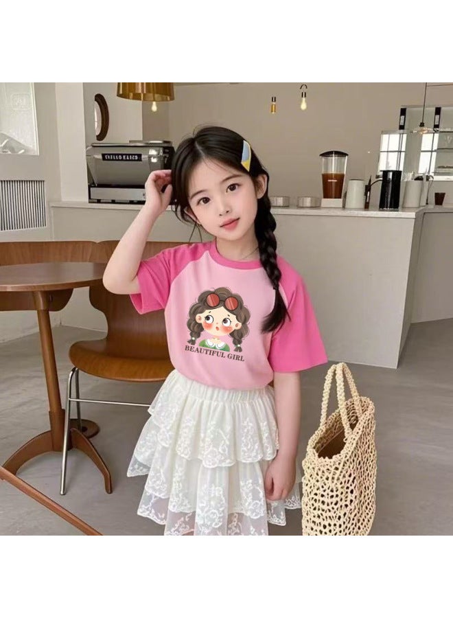 Girls Pure Cotton Raglan Color-blocked Round Neck Short-sleeved Summer New Style Medium And Large Children's Casual Versatile Half-sleeved Bottoming Shirt