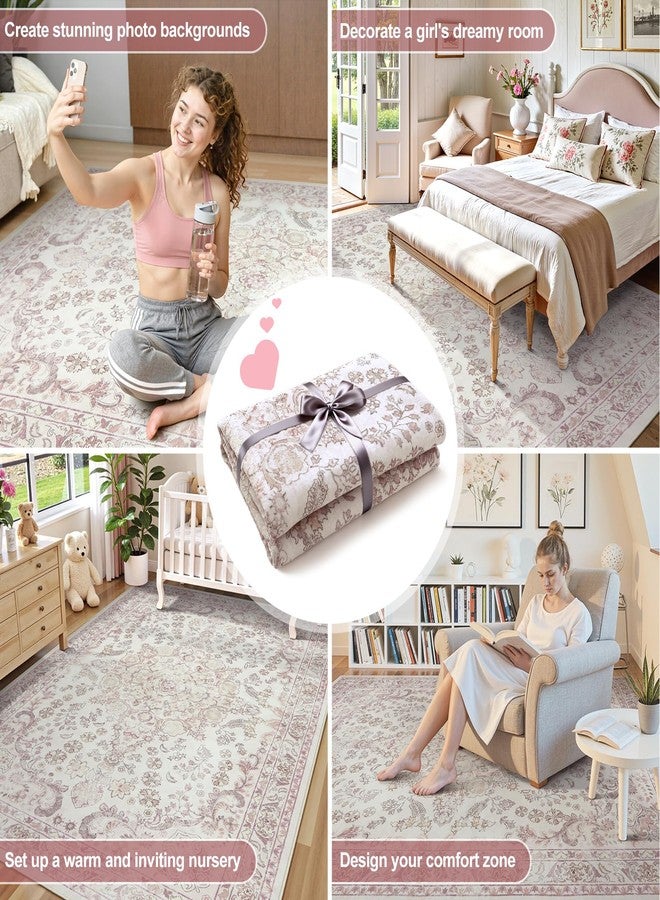 Wonnitar Vintage Floral Rugs for Bedroom Girls, 5x7 Washable Pink Nursery Rug for Baby, Ultra-Thin Non Slip Soft Medallion Carpet for Aesthetic Decor Toddler Kids Room Living Room - Image 3