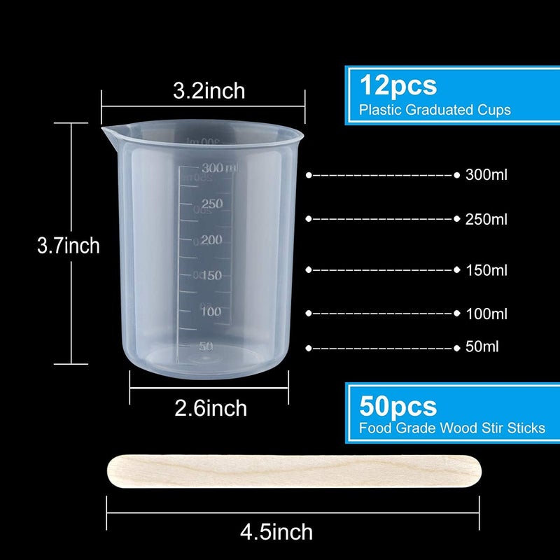 SPYLX Plastic Beakers Epoxy Mixing Cups Multipurpose Measuring Cups with 50 Pack Wooden Stirring Sticks for Resin Epoxy Stain Mixing Paint 250ML Pack of 12 - Image 2