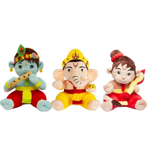 Panda's Box Mantra Chanting Baby Krishna, Hanuman & Ganesha| As Seen on Shark Tank | Musical Soft Plush Toys | Non-Toxic| Best Birthday Gift for Newborn Kids | Free Colouring Book | Pack of 3, Medium - Image 1
