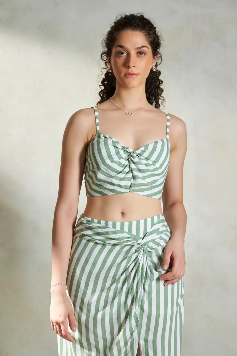 فيرجيو Viscose Striped Brunchwear Twisted Front Crop Tops for Women