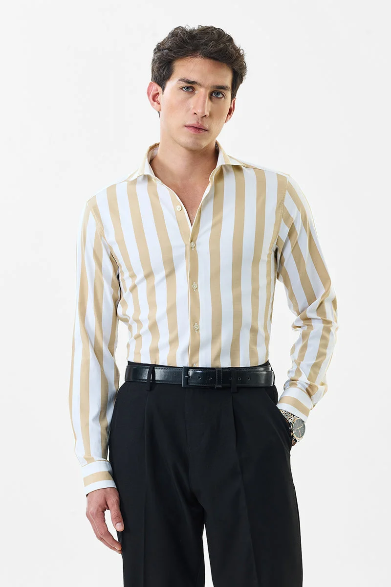 سنيتش White Striped Long Sleeve Slim Fit Luxe Shirt