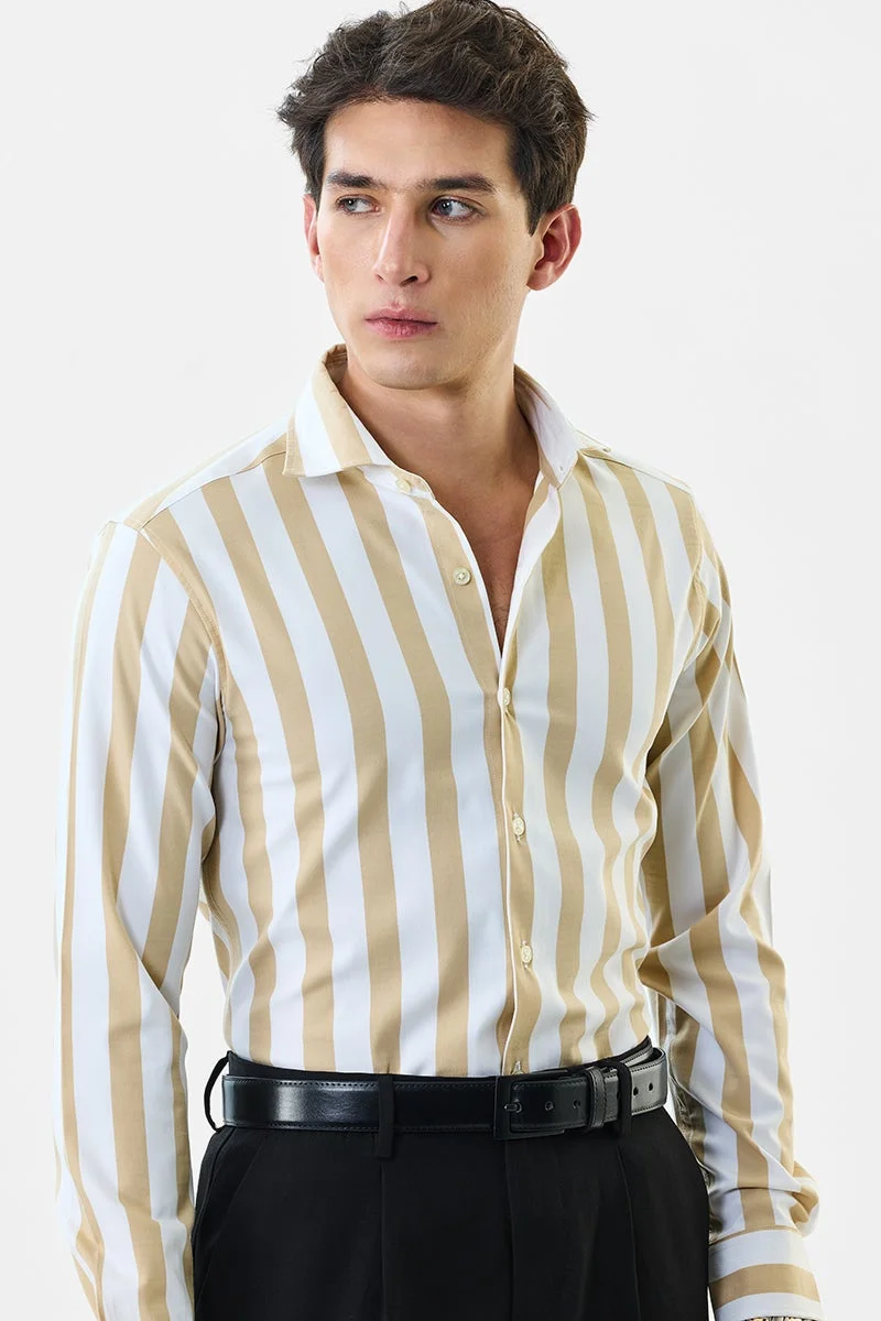 SNITCH White Striped Long Sleeve Slim Fit Luxe Shirt