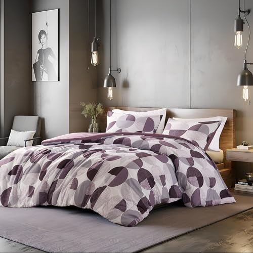 Regency Heights Stylish Three-Tone Printed Queen Size Comforter Set, 3 Pieces Ultra-Soft Microfiber Bedding Set, Warm and Cozy Comforter for All Seasons, Plum Purple & Grey - Image 1