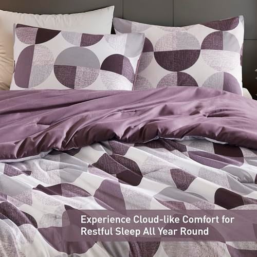 Regency Heights Stylish Three-Tone Printed Queen Size Comforter Set, 3 Pieces Ultra-Soft Microfiber Bedding Set, Warm and Cozy Comforter for All Seasons, Plum Purple & Grey - Image 3