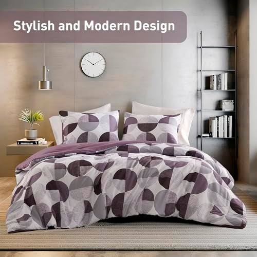 Regency Heights Stylish Three-Tone Printed Queen Size Comforter Set, 3 Pieces Ultra-Soft Microfiber Bedding Set, Warm and Cozy Comforter for All Seasons, Plum Purple & Grey - Image 2