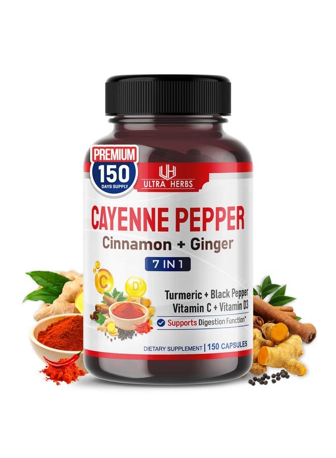 ULTRA HERBS فلفل كايين 7 في 1-16,250 ملغ - مع الزنجبيل، الكركم، القرفة، الفلفل الأسود - يعزز وظيفة الجهاز الهضمي (إمداد لمدة 150 يوم (عبوة واحدة)) - Image 1