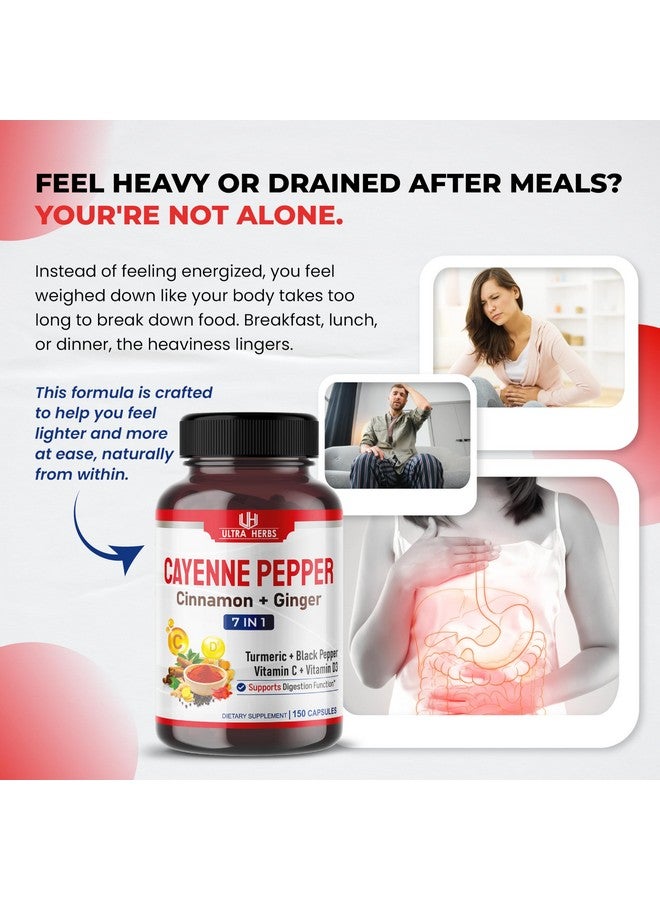 ULTRA HERBS فلفل كايين 7 في 1-16,250 ملغ - مع الزنجبيل، الكركم، القرفة، الفلفل الأسود - يعزز وظيفة الجهاز الهضمي (إمداد لمدة 150 يوم (عبوة واحدة)) - Image 2