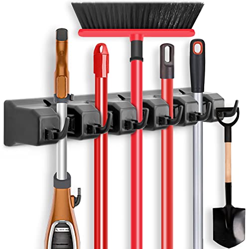 IMILLET Mop and Broom Holder, Wall Mounted Organizer-Mop and broom Storage Tool Rack with 5 Ball Slots and 6 Hooks (Black) - Image 1