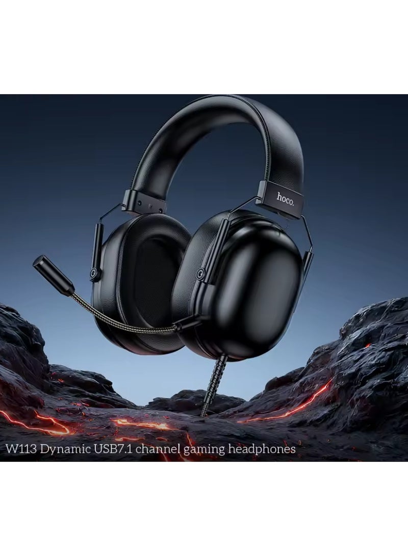 هوكو سماعة رأس لاسلكية للألعاب W113 مزودة بميكروفون سلكي بمنفذ USB 7.1 مقاس 50 مم مع كابل صوت وسماعات رأس محيطية للكمبيوتر الشخصي - Image 5