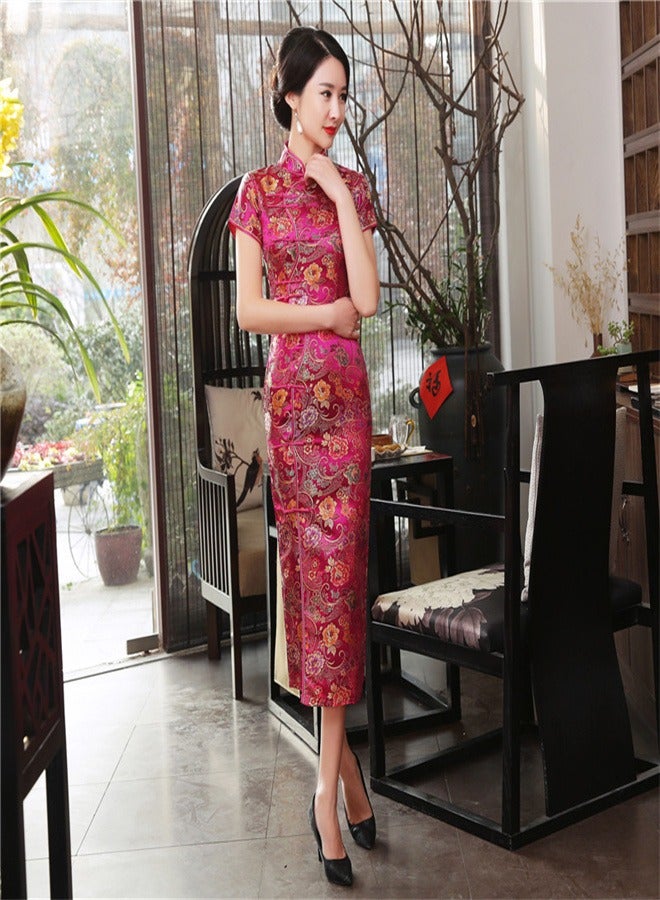 Loquat Short Sleeved Ten Button Long Skirt Rose Red,  - Image 1