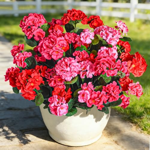 Cherica Fake Outdoor Flowers, 6 Pcs Artificial Flowers for Outdoors, Mixed Color Artificial Geraniums Silk Flowers, Fake Plant for Outside, Faux Flowers Outdoor Planters UV Resistant for Front Porch - Image 3