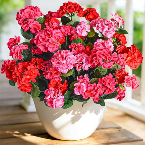 Cherica Fake Outdoor Flowers, 6 Pcs Artificial Flowers for Outdoors, Mixed Color Artificial Geraniums Silk Flowers, Fake Plant for Outside, Faux Flowers Outdoor Planters UV Resistant for Front Porch - Image 1