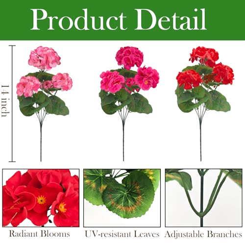 Cherica Fake Outdoor Flowers, 6 Pcs Artificial Flowers for Outdoors, Mixed Color Artificial Geraniums Silk Flowers, Fake Plant for Outside, Faux Flowers Outdoor Planters UV Resistant for Front Porch - Image 2