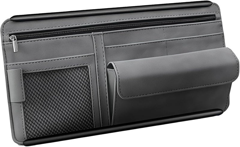 Car Organizer Visor Sun, Leather Suede Storage Grey Case Zipper With, Holder Eyeglass, Slots Card, Pockets Mesh, Dividers Multi-Function Pens Documents, More And For - Image 1