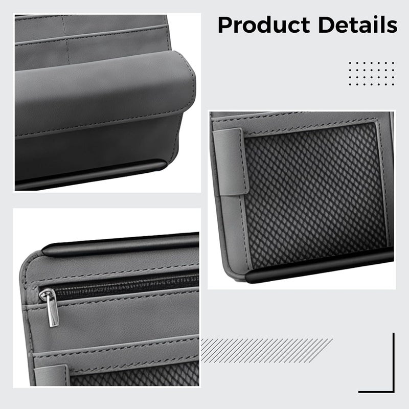 Car Organizer Visor Sun, Leather Suede Storage Grey Case Zipper With, Holder Eyeglass, Slots Card, Pockets Mesh, Dividers Multi-Function Pens Documents, More And For - Image 2