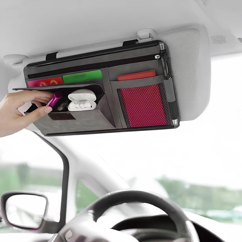 Car Organizer Visor Sun, Leather Suede Storage Grey Case Zipper With, Holder Eyeglass, Slots Card, Pockets Mesh, Dividers Multi-Function Pens Documents, More And For - Image 3