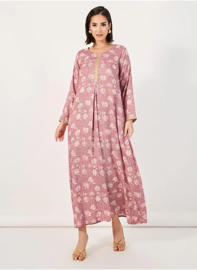 ستايلي All-Over Print Jalabiya with Gold Lace Trims