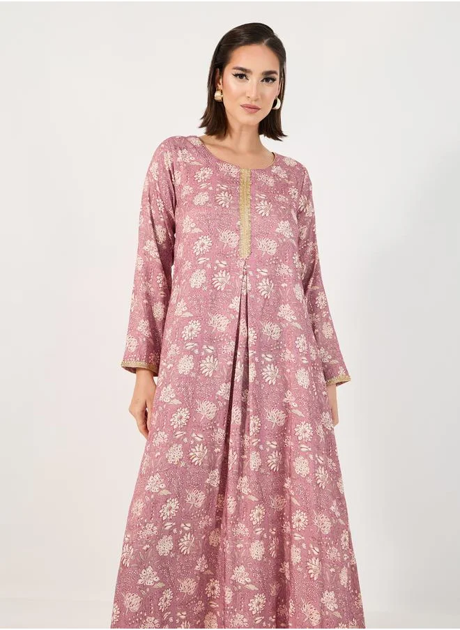 Styli All-Over Print Jalabiya with Gold Lace Trims