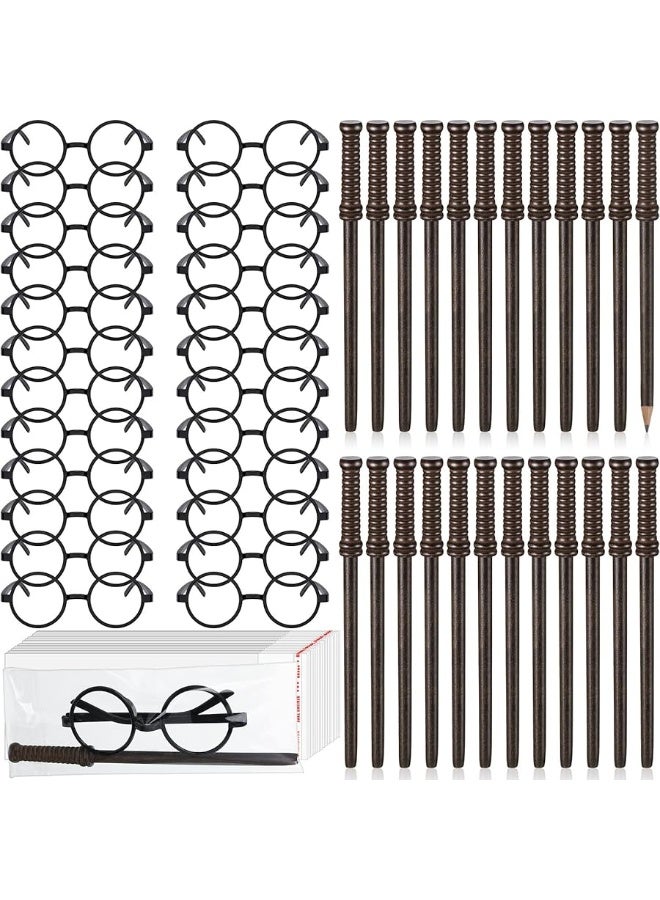 Chinco Chinco 72 Pcs Wand Pencils and Glasses Wizard Halloween Party Favors, Including 24 Wizard Wand Pencils and 24 Plastic Costume Glasses Frame with 24 Storage Bags for Kids Theme Party Supplies  - Image 1