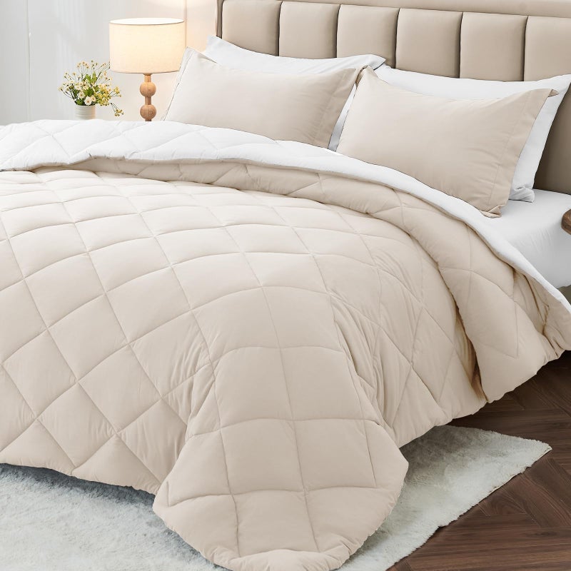 MUXHOMO 7 Pieces California King Comforter Set, Reversible Bed in a Bag Cal King Size, All Season Bedding Set with Comforter, Flat Sheet, Fitted Sheet, Pillowcases & Shams, Beige & White - Image 1