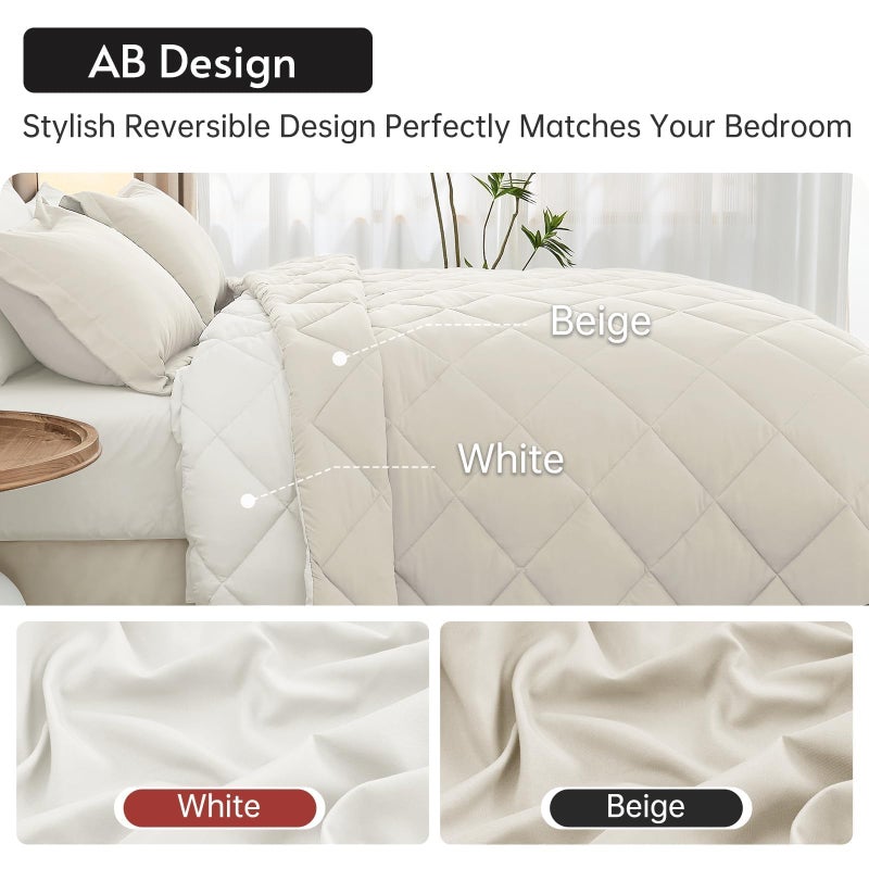 MUXHOMO 7 Pieces California King Comforter Set, Reversible Bed in a Bag Cal King Size, All Season Bedding Set with Comforter, Flat Sheet, Fitted Sheet, Pillowcases & Shams, Beige & White - Image 3