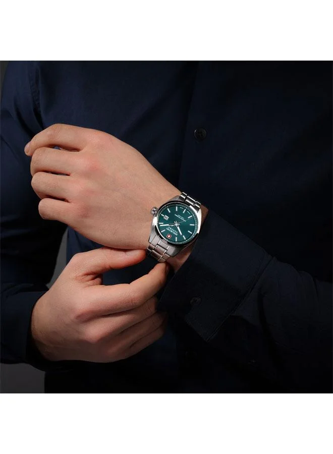 SWISS MILITARY HANOWA Pioneer 41mm Men's Watch with Green Dial & Stainless Steel Bracelet