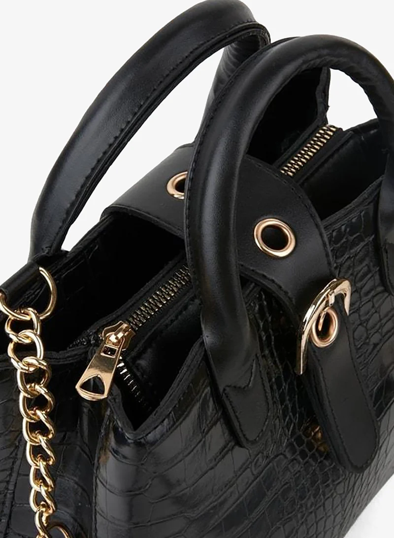 Women's Box Black Faux Leather Croco Patterned Shoulder Strap Snap Zipper Closure Handbag and Shoulder Bag.