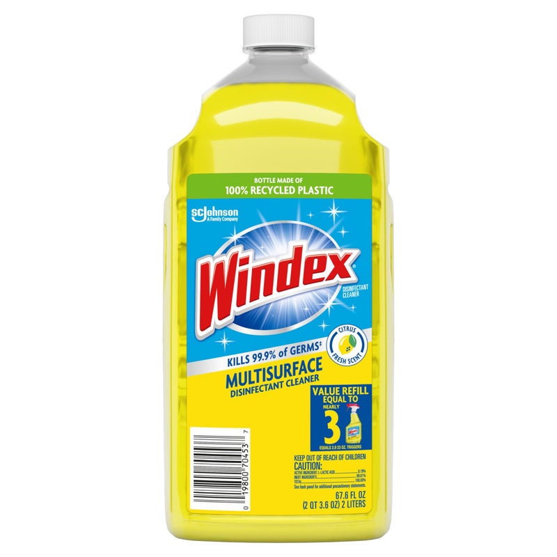 Windex Refill Multipurpose Disinfectant Cleaner Spray, Bottle Made from 100% Recycled Plastic, Surface Cleaning Spray, Citrus Fresh Scent, 2L (67.6 Fl Oz) - Image 1