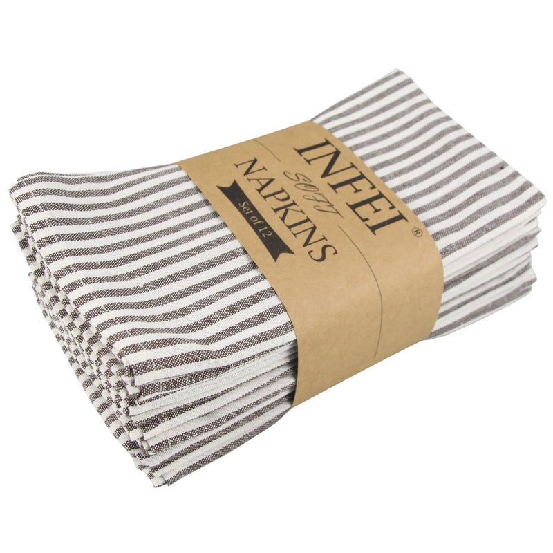 INFEI Plain Striped Cotton Linen Blended Dinner Cloth Napkins Set of 12 40 x 30 cm for Events Home Use Brown