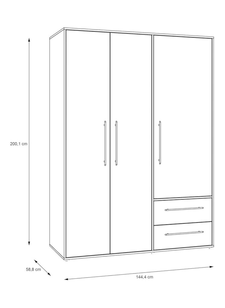 Craft Homz - Wardrobe with 3 hinged doors and 2 drawers in white. 145 x 200 x 59 cm - CHDR020 - Image 1
