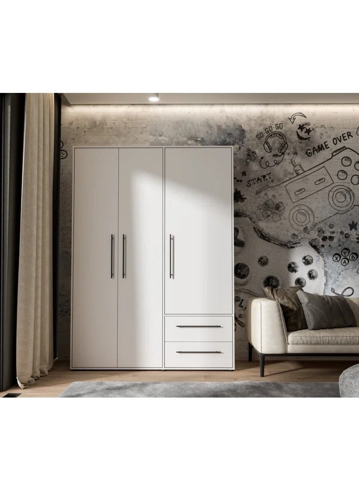 Craft Homz - Wardrobe with 3 hinged doors and 2 drawers in white. 145 x 200 x 59 cm - CHDR020 - Image 1