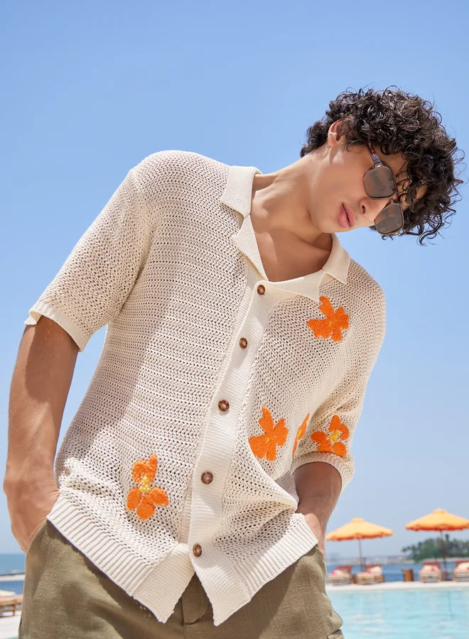 Styli Styli Floral Embroidered Crochet Knit Relaxed Fit Shirt
