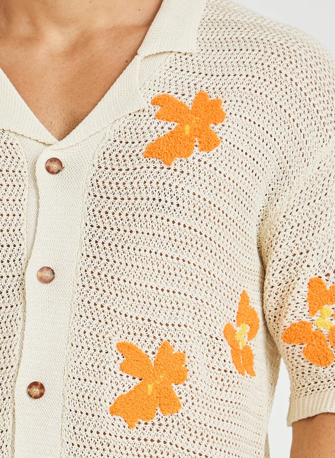 Styli Styli Floral Embroidered Crochet Knit Relaxed Fit Shirt