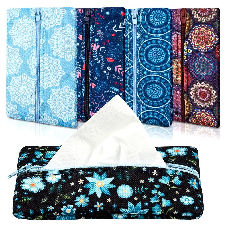 Sherr 5 Pieces Tissues Purse Pocket Tissue Holder Reusable Travel Pouch Fabric Zipper Enclosed Small Size Flower Pattern Holder for Purse Coins for Christmas 525 x 3 Inches Floral Style