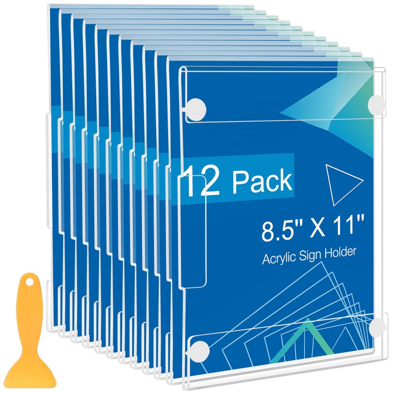 DECOHOBO 12 Pack Acrylic Sign Holder 8.5 x 11 Wall Mount, Vertical & Horizontal Use, Wall Sign Memo Document Menu Holder for Office Store Restaurants Wedding Party Decoration, No Drilling - Image 1