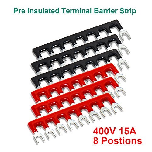 MILAPEAK Terminal Block and Strip - 12pcs (6 Sets) 8 Positions Dual Row 600V 15A Screw Terminal Strip Blocks with Cover + 400V 15A 8 Positions Pre-Insulated Terminals Barrier Strip (Black & Red) - Image 5
