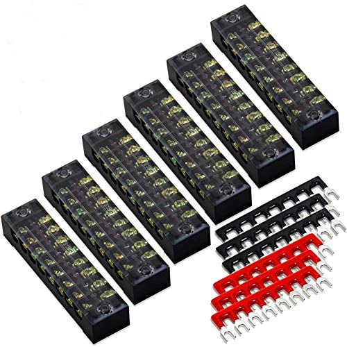 MILAPEAK Terminal Block and Strip - 12pcs (6 Sets) 8 Positions Dual Row 600V 15A Screw Terminal Strip Blocks with Cover + 400V 15A 8 Positions Pre-Insulated Terminals Barrier Strip (Black & Red) - Image 1