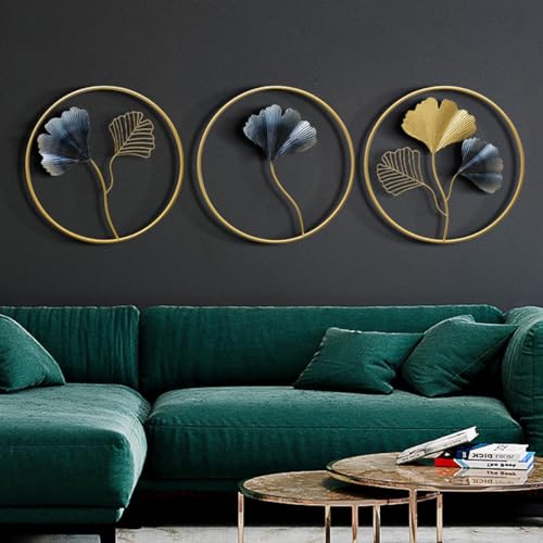 DeWoGift Ginkgo Leaf Round Metal Wall Art Set of 3 | Elegant Decorative Wall Hanging for Living Room Bedroom Office Hotel or Restaurant | Durable Handcrafted Sculpture for Modern Home Decoration - Image 1