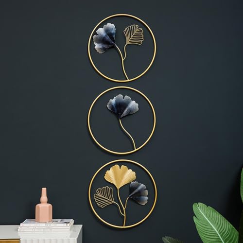 DeWoGift Ginkgo Leaf Round Metal Wall Art Set of 3 | Elegant Decorative Wall Hanging for Living Room Bedroom Office Hotel or Restaurant | Durable Handcrafted Sculpture for Modern Home Decoration - Image 2