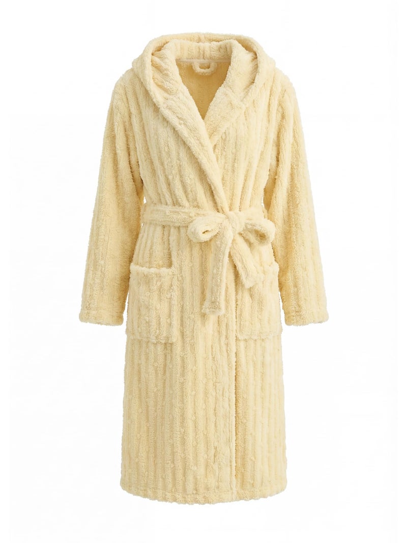 HEARTNICE Fuzzy Soft Robes for Women, Long Plush Hooded Robe Fluffy Warm Bathrobes(Light Yellow,L/XL) - Image 2