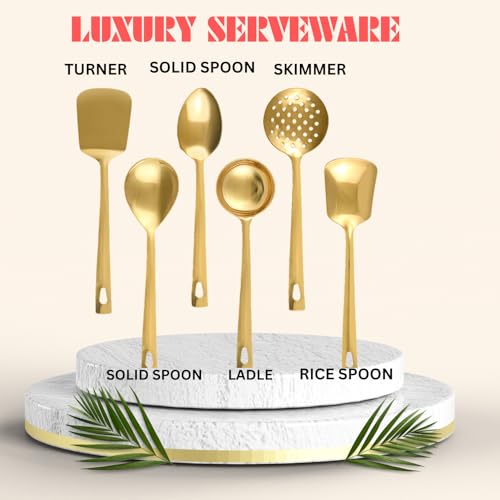 ROSTON Serving Spoon Golden Set of 6 Stainless Steel Multipurpose for Kitchen Chamcha for Kitchen, 25 cm - Image 2