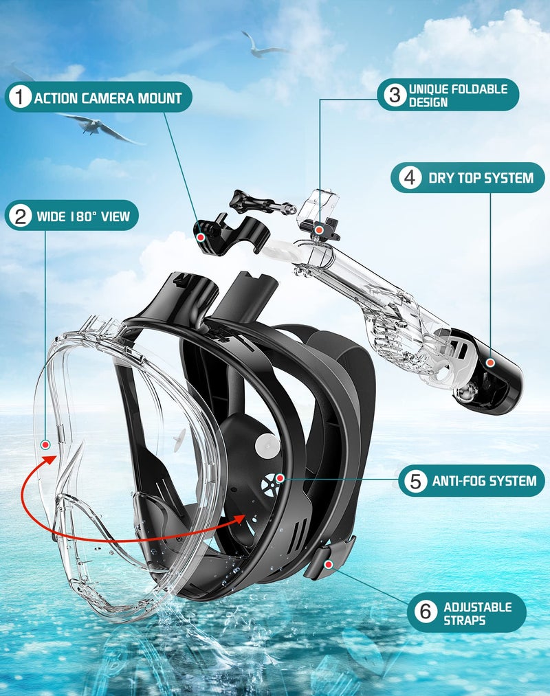 Greatever Full Face Snorkel Mask, Snorkeling Gear for Adults Kids with Latest Dry Top Breathing System and Detachable Camera Mount, Foldable Panoramic View Snorkeling Mask Set, Anti-Fog & Anti-Leak - Image 2
