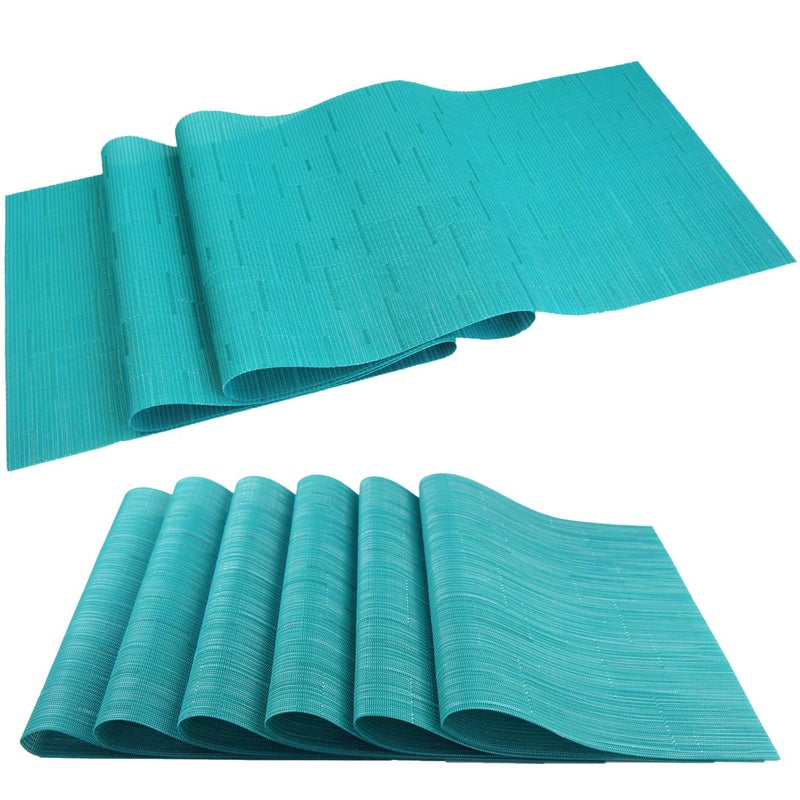 PIGCHCY Elegant Placemats with Matching Table Runner Durable Cleaning Placemats for Dining Table Sets(6pcs Placemats+1pcs Table Runner Same Style  Turquoise) - Image 1