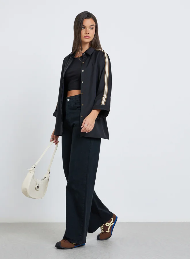 Styli Styli Women Black Relaxed Fit Shirt with Taping Sleeve