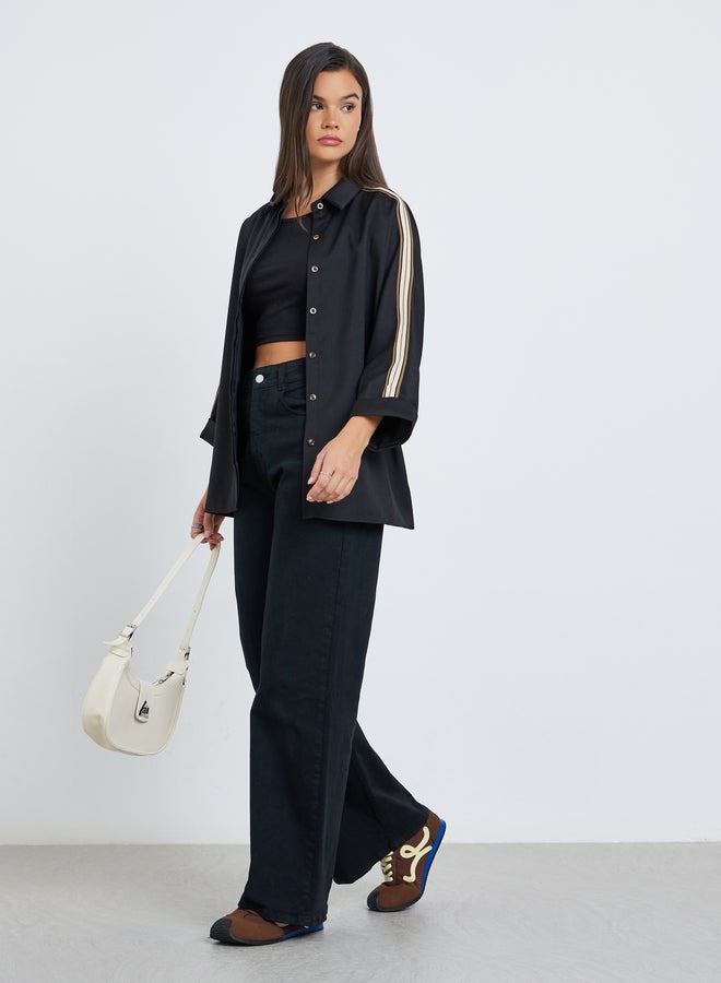 Styli Women Black Relaxed Fit Shirt with Taping Sleeve - Image 2