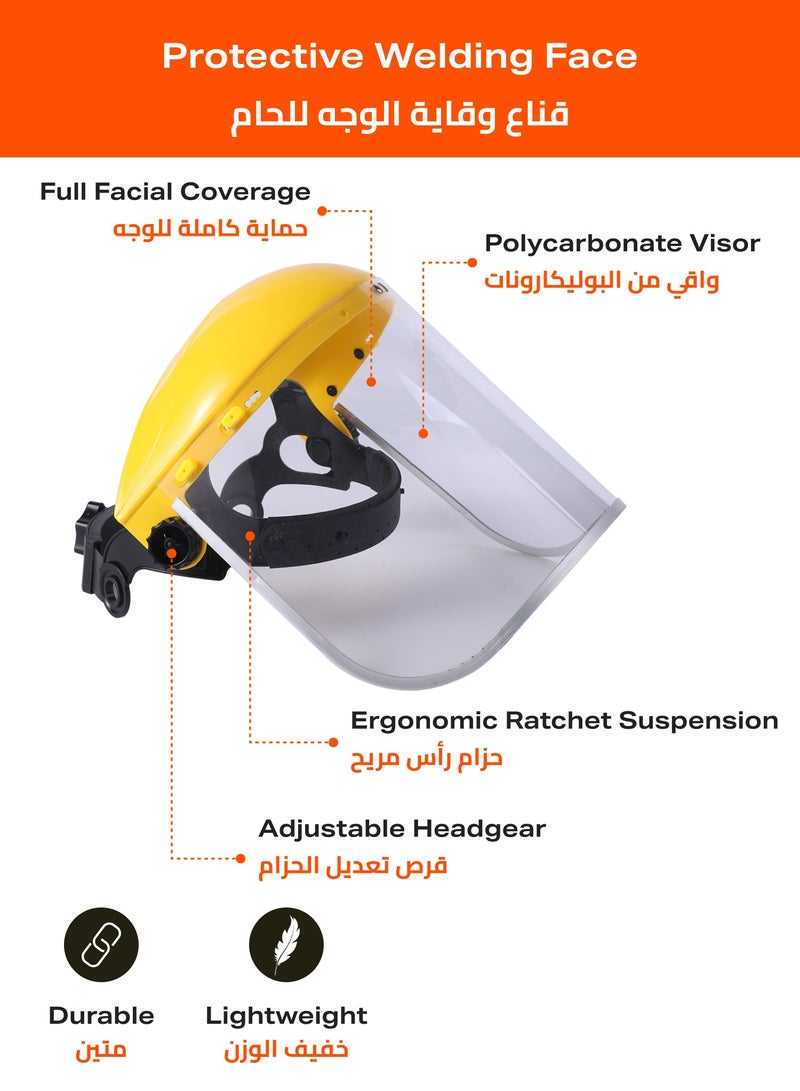Protective Welding Face – Yellow – Full Transparent Shield with Adjustable Headgear and Clear Visor – Ideal for Welding, Cutting, and Workshop Safety