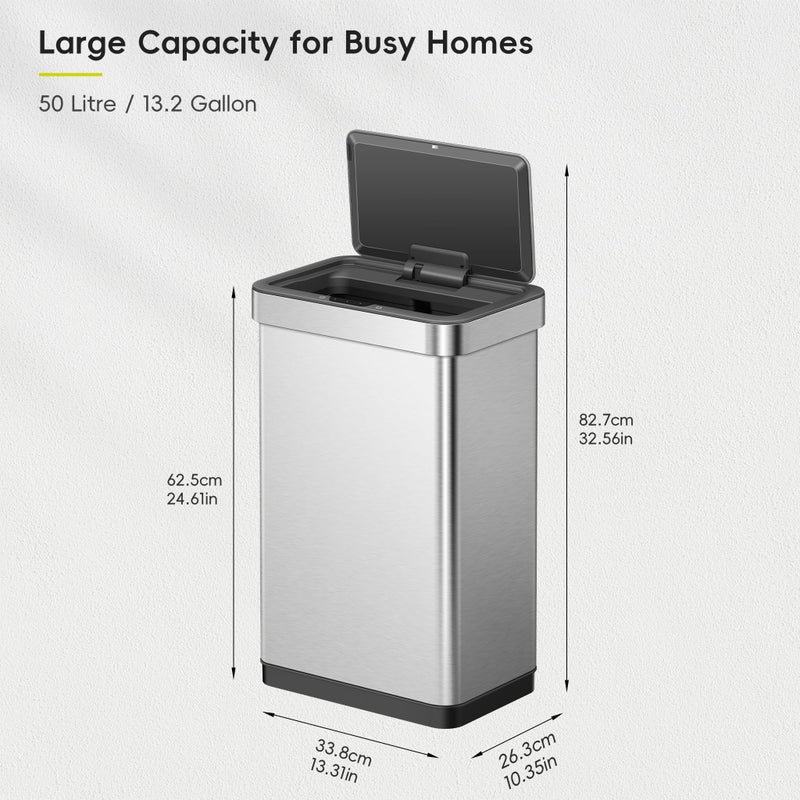 EKO EcoNova 13.2 Gallon/ 50L Automatic Sensor Kitchen Trash Can, Stainless Steel Touchless Garbage Bin with Soft-Close &Stay-Open Lid, Fingerprint-Resistant - Image 2