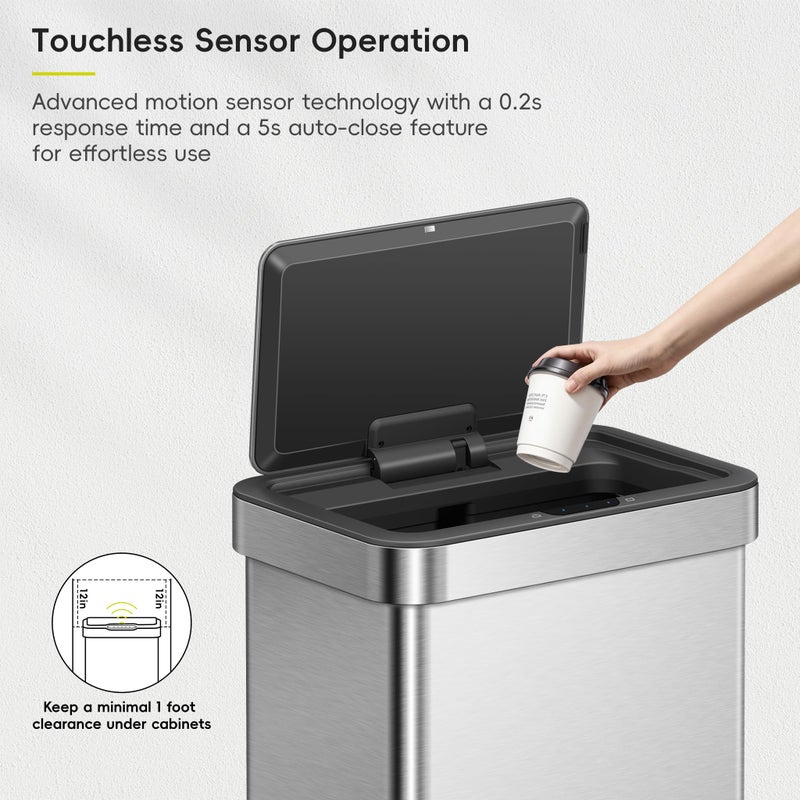 EKO EcoNova 13.2 Gallon/ 50L Automatic Sensor Kitchen Trash Can, Stainless Steel Touchless Garbage Bin with Soft-Close &Stay-Open Lid, Fingerprint-Resistant - Image 5